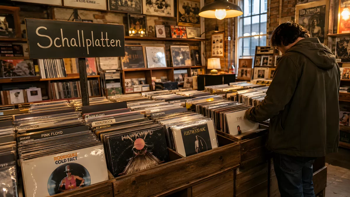 Schallplattenläden mit Vinyl-Sammlung in Holzregalen