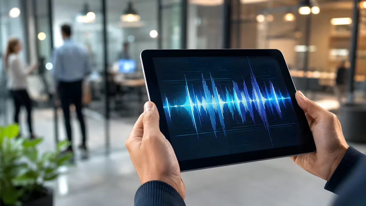 Schallwellen auf Tablet-Display in modernem Büro