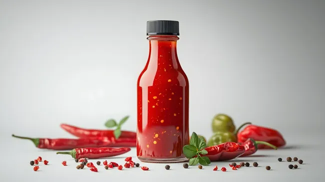 Scharfe Chilisoße in Flasche mit frischen Gewürzen