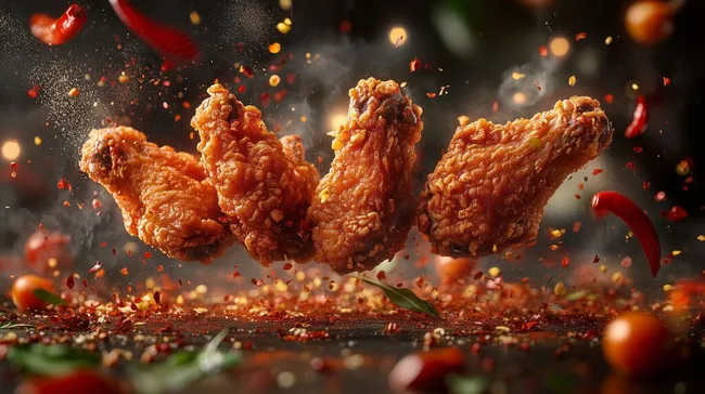 Scharfe frittierte Hähnchenflippen auf Holztisch