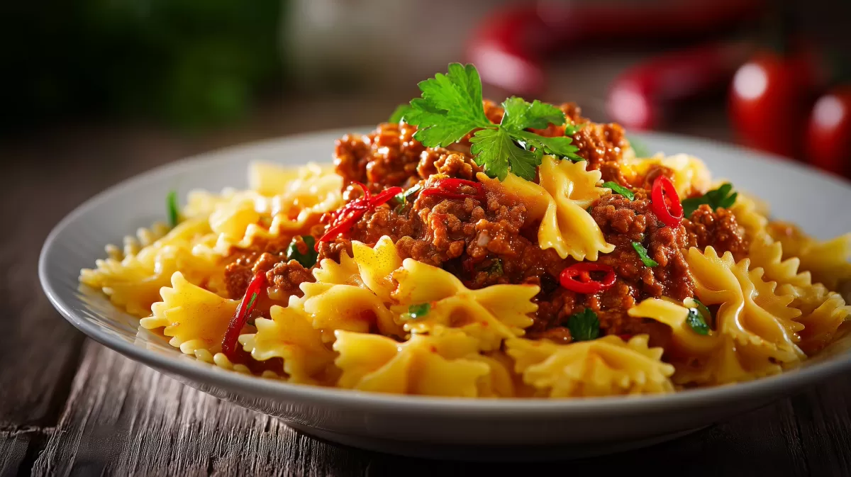 Scharfe Hackfleisch Pasta mit Chili und Petersilie