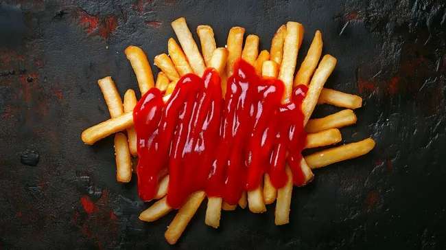 Scharfe Pommes mit würzigem Ketchup auf dunkler Platte