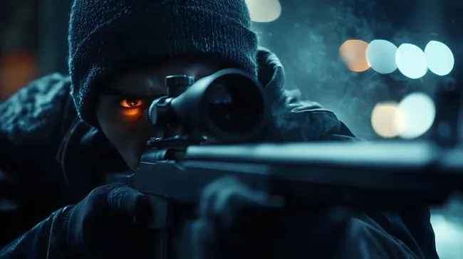 Scharfschütze mit Zielfernrohr in nächtlicher Umgebung