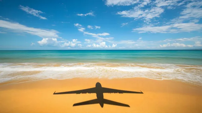 Schatten eines Flugzeugs am tropischen Sandstrand