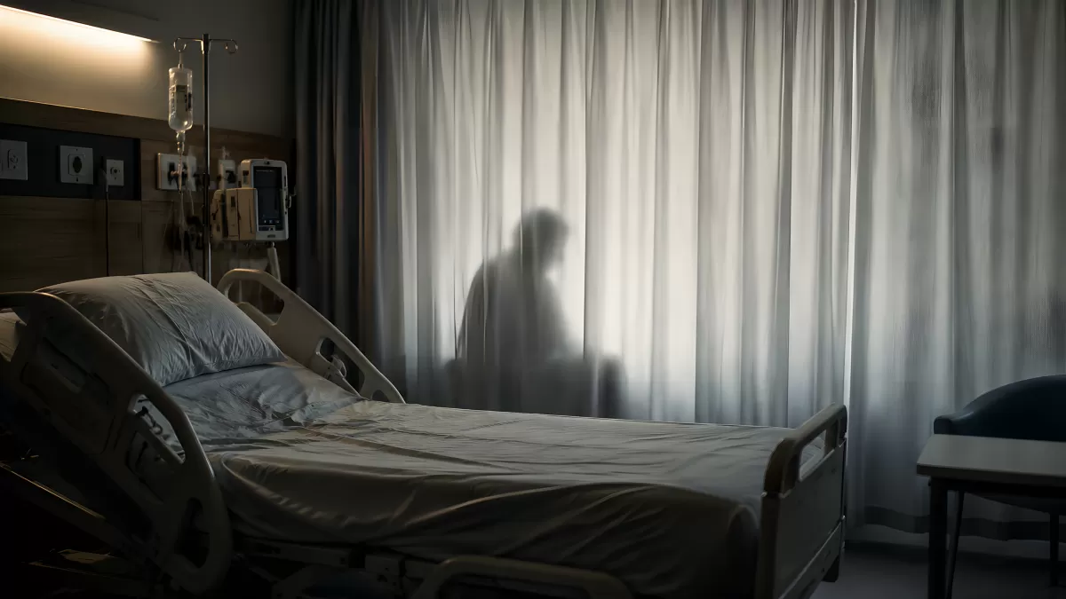 Schattensilhouette hinter Vorhang in Krankenhauszimmer
