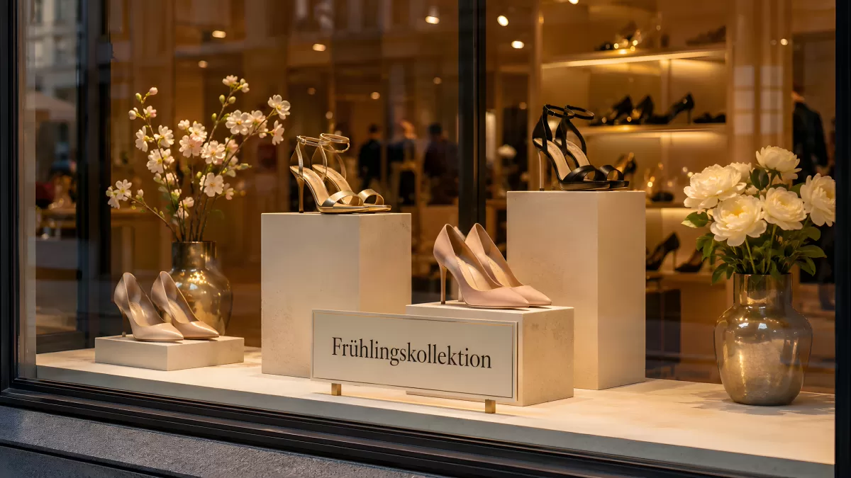 Schaufenster einer Schuhboutique mit Frühlingskollektion