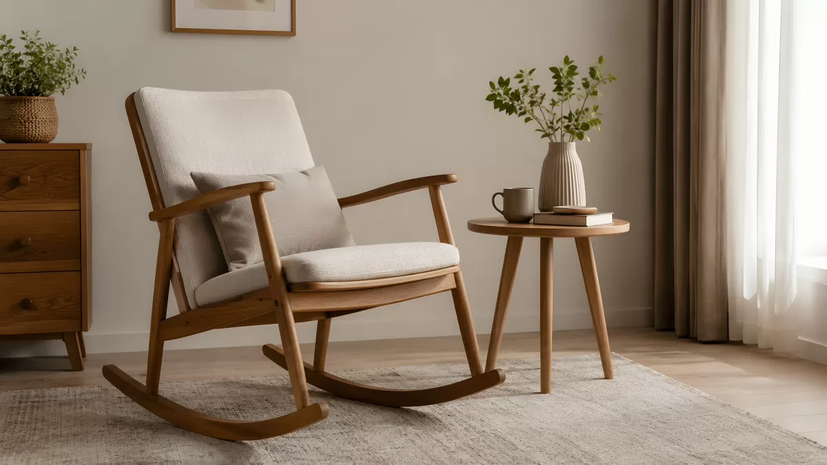 Schaukelstuhl aus Holz in hellem Wohnzimmer