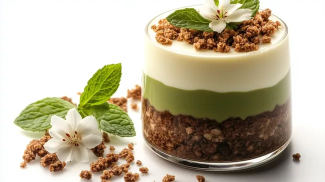Schaumiges Matcha-Joghurt-Dessert mit knusprigem Granola