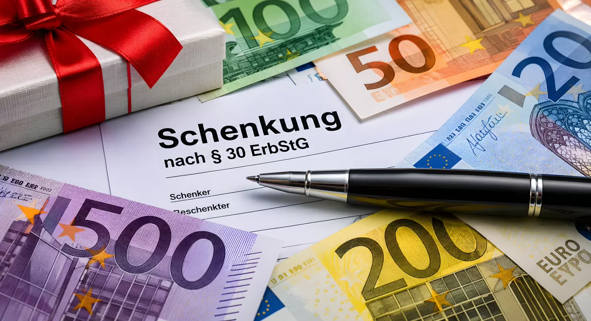 Schenkungssteuererklärung mit Eurobanknoten und Geschenk