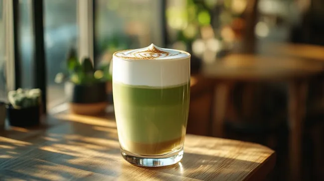 Schichtweise Matcha Latte mit cremigem Milchschaum