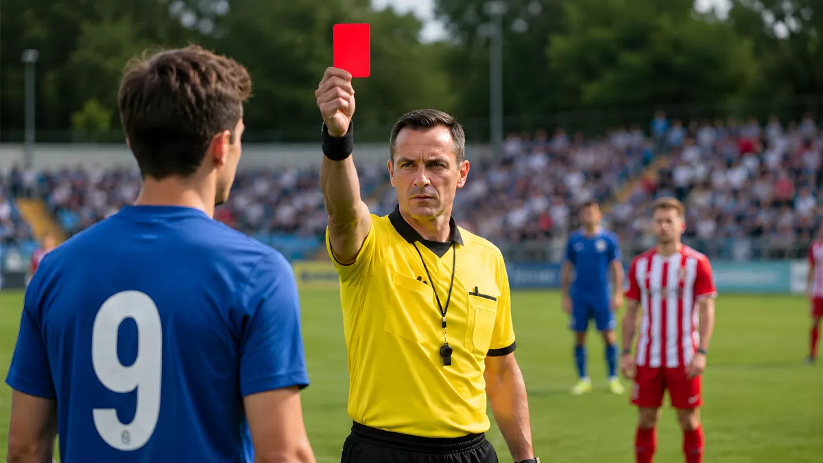 Schiedsrichter zeigt rote Karte an Spieler Nummer 9