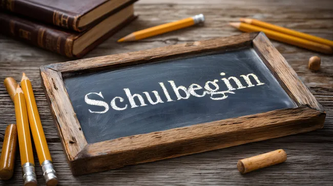 Schiefertafel mit Kreide und Schulbeginn-Schriftzug