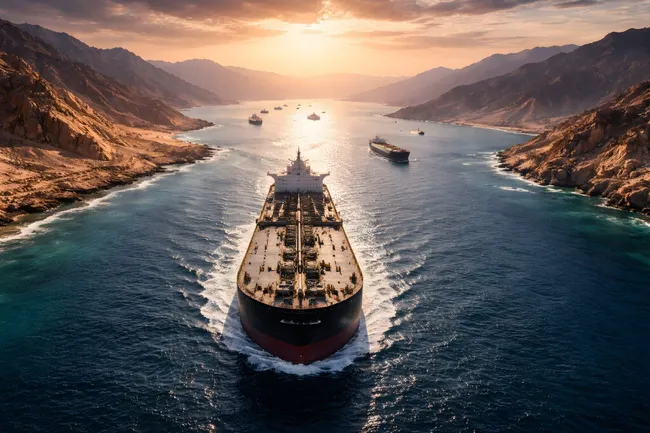 Schifffahrtsroute durch die Straße von Hormus bei Sonnenuntergang