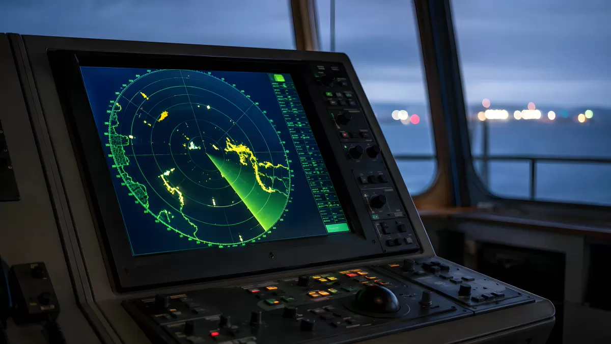Schiffsradar im Steuerhaus bei Abenddämmerung