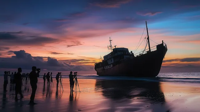 Schiffswrack am Strand bei Sonnenuntergang