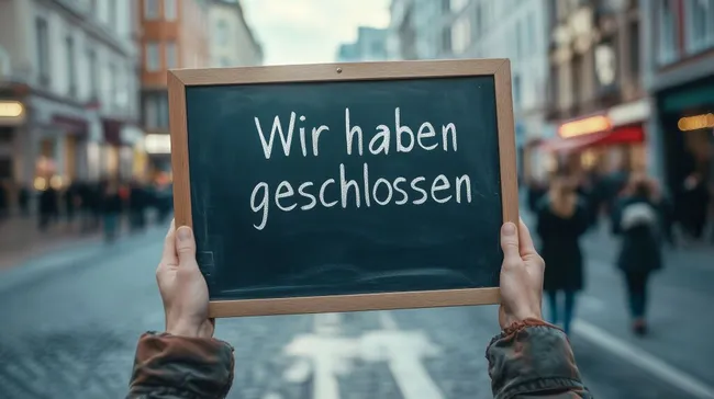 Schild mit der Aufschrift 'Wir haben geschlossen' in belebter Straße