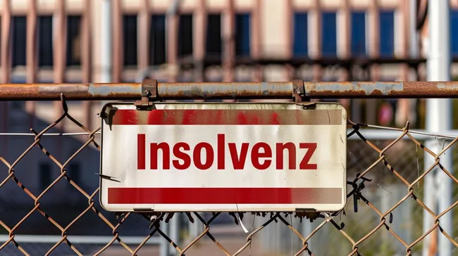 Schild mit Insolvenz-Hinweis an rostiger Absperrung