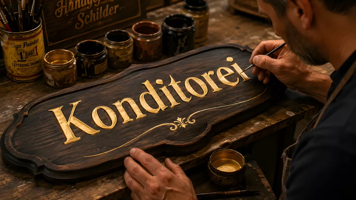 Schildermaler gestaltet Konditorei-Schild aus Holz