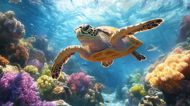 Schildkröte schwimmt durch farbenfrohes Korallenriff