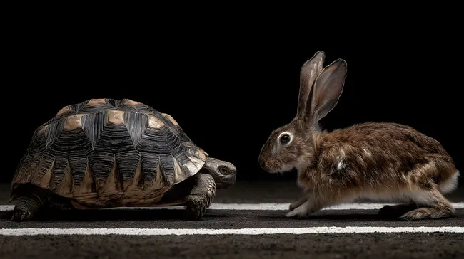 Schildkröte und Hase im Wettrennen auf schwarzer Bahn