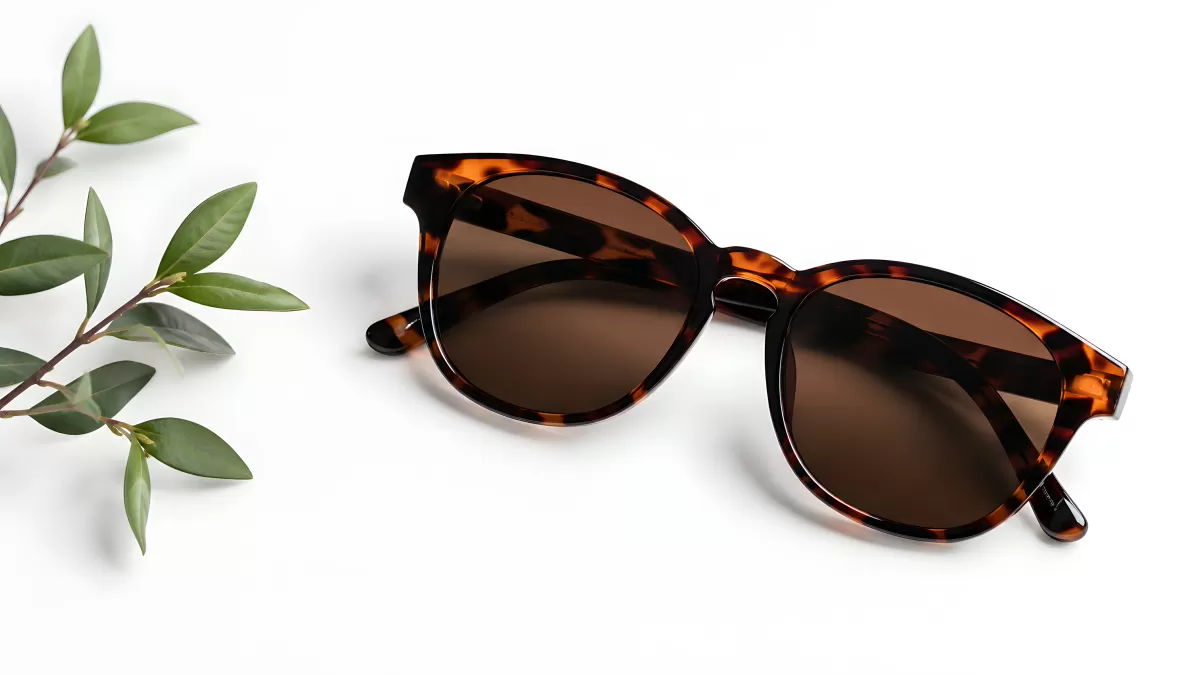 Schildpatt-Sonnenbrille mit braunen Gläsern auf weißem Grund