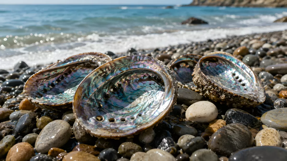 Schillernde Abalone-Muscheln am Kieselstrand