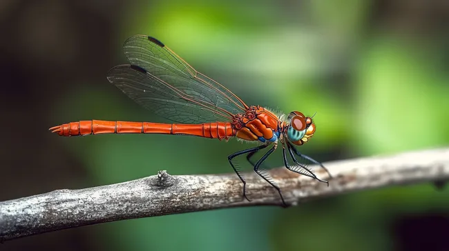 Schillernder Libellenkörper auf Ast vor grünem Hintergrund