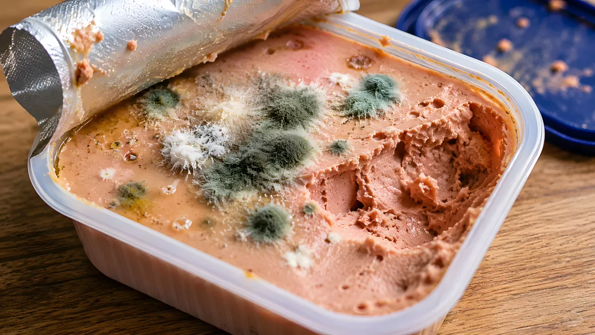 Schimmel auf verdorbener Leberpastete im Behälter