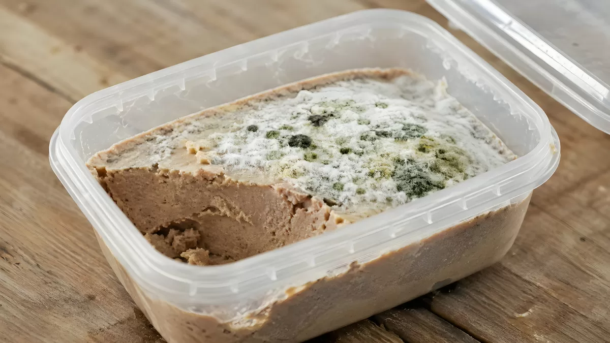 Schimmeliger Aufschnitt in Plastikdose auf Holz