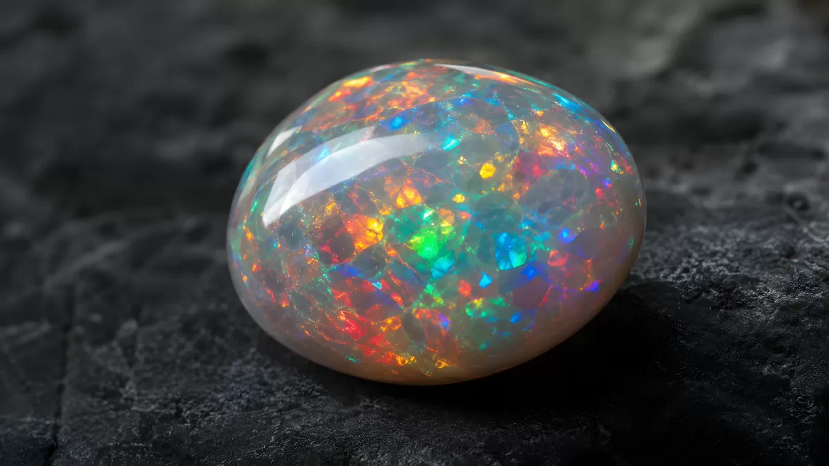 Schimmernder Opal mit Farbenspiel auf dunklem Stein