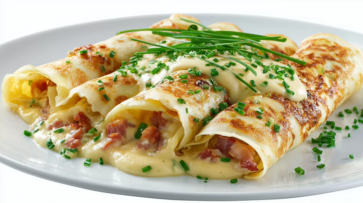Schinken Crêpes mit Käsesauce und Schnittlauch
