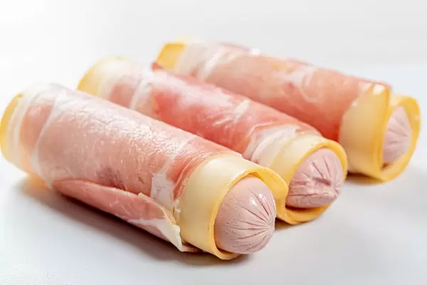 Schinken-Käse-Röllchen mit Würstchen