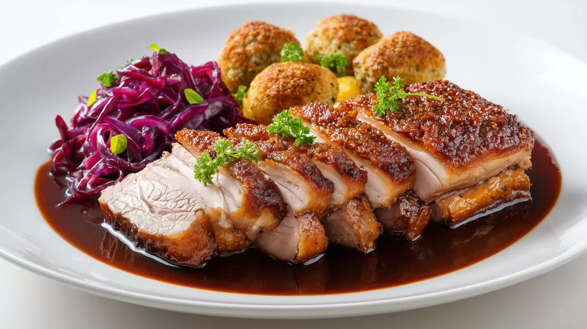 Schinkenkrustenbraten mit Rotkohl und Knödeln