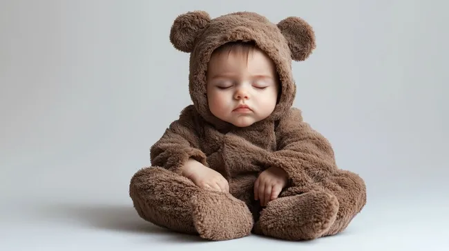 Schläfriges Baby in kuscheligem Teddykostüm