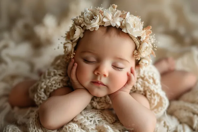 Schlafende Babytochter mit Blumenkranz