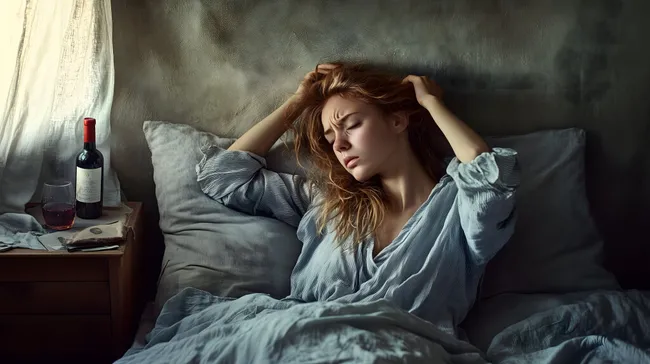 Schlafende Frau mit Kopfschmerzen nach Alkoholgenuss