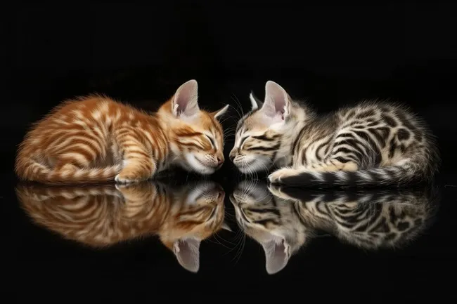 Schlafende Kätzchen kuscheln in Spiegelreflexion