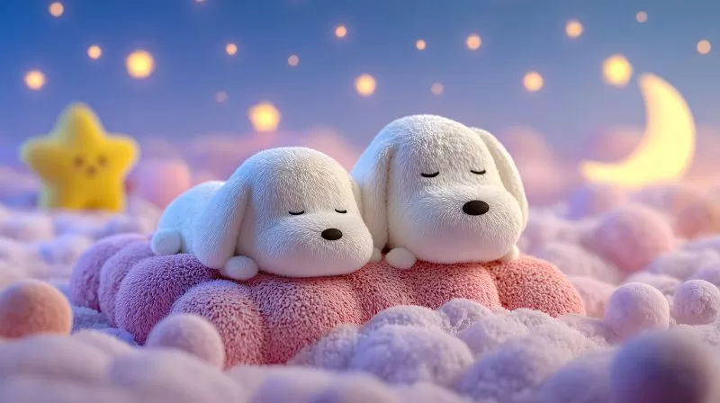 Schlafende Plüschhunde auf rosa Wolke vor Sternenhimmel