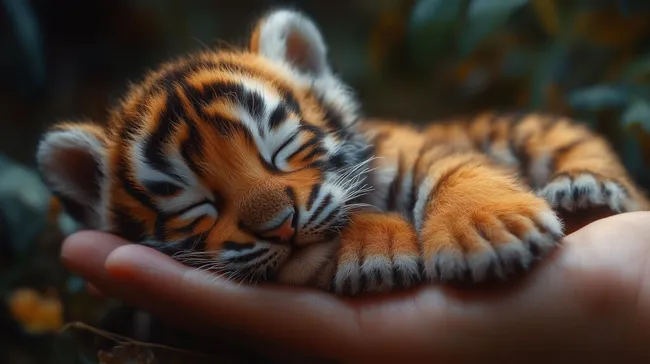 Schlafender Bengalischer Tiger in menschlicher Hand