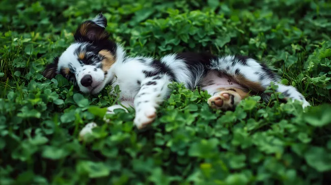 Schlafender Border-Collie-Welpe im saftig grünen Klee