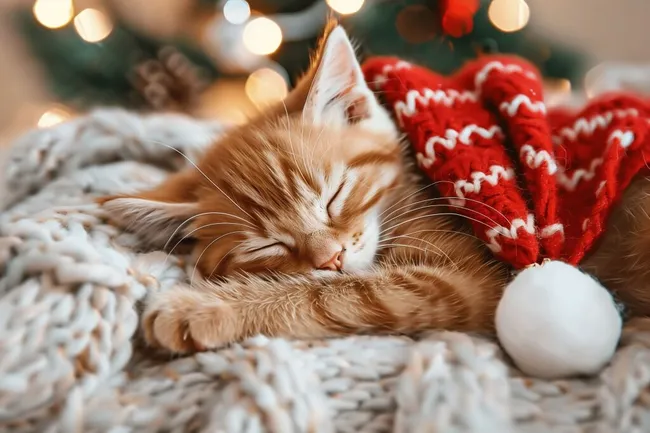 Schlafender Kater im Weihnachtsdekor