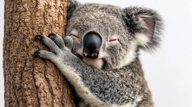 Schlafender Koala umarmt Baumstamm