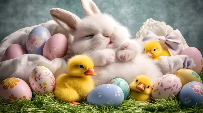 Schlafender Osterhase mit Baby-Enten und farbigen Ostereiern