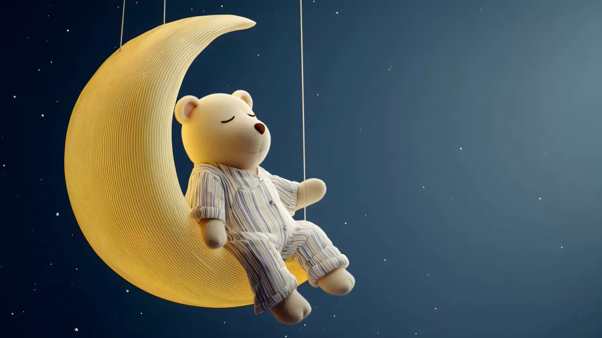 Schlafender Teddybär schwebt auf Halbmond