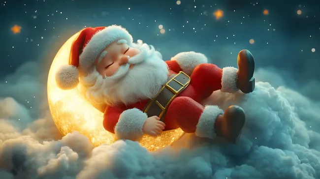 Schlafender Weihnachtsmann auf leuchtender Mondsichel