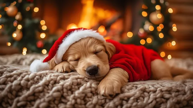 Schlafender Welpe im Weihnachtsoutfit vor Kamin