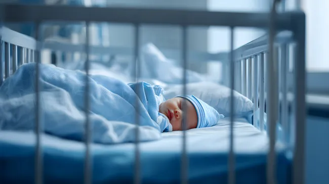 Schlafendes Baby in Babybett im Krankenhaus