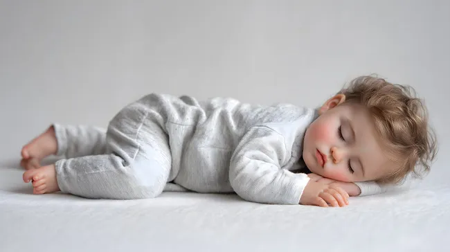 Schlafendes Baby in grauem Outfit auf weißem Hintergrund