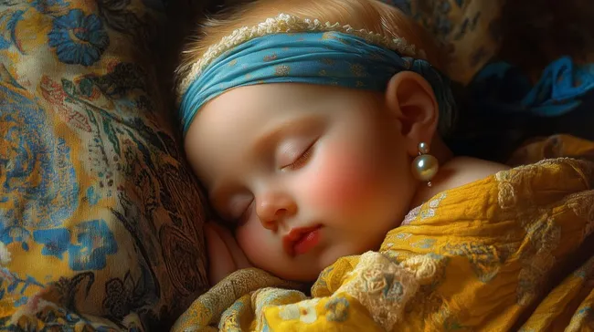 Schlafendes Baby in Vintage-Tracht mit Perlenohrring