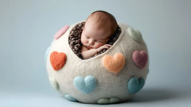 Schlafendes Baby in weichem Wollnest mit bunten Herzen